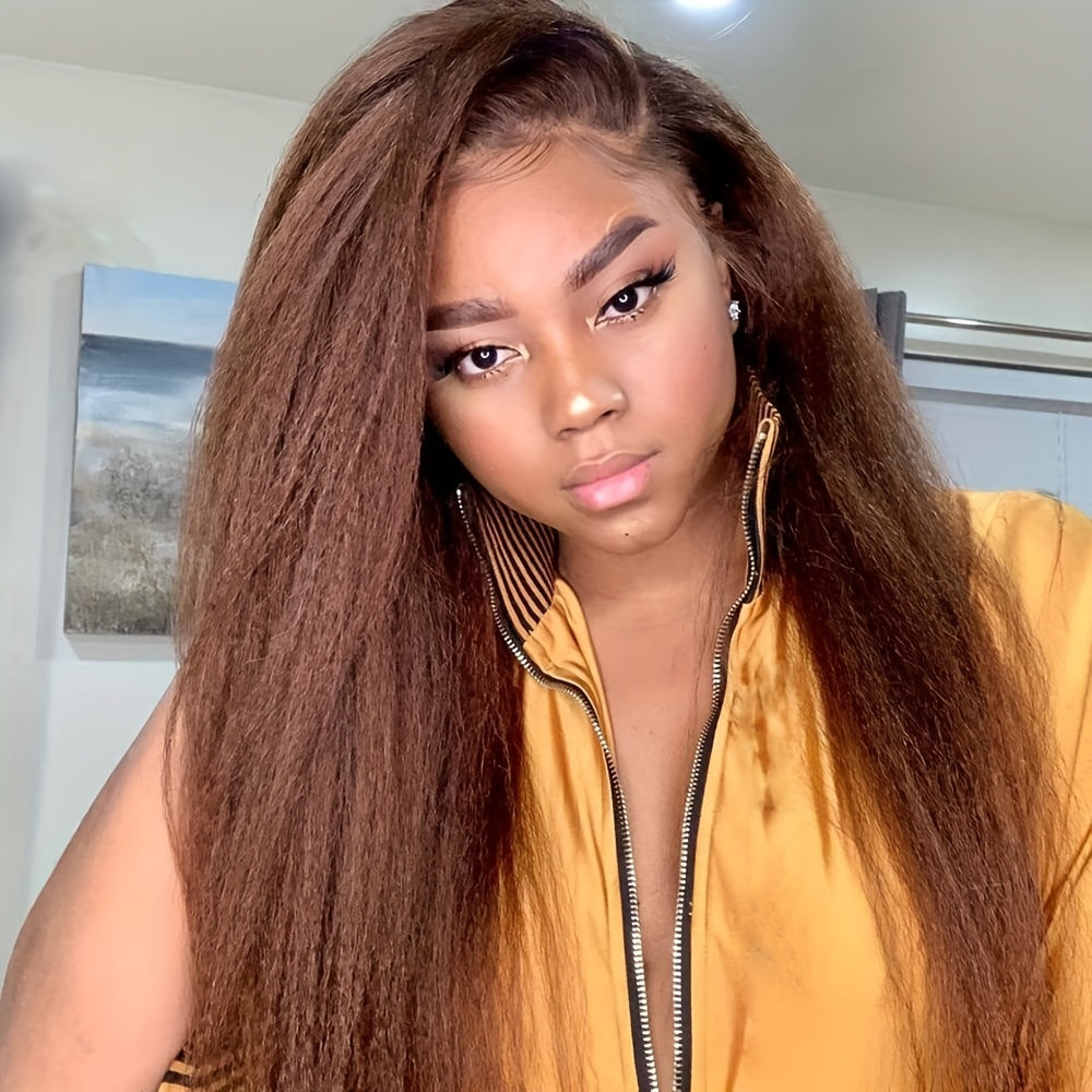 Reddish Brown Italian Yaki Straight Human Hair Wig for - 13x6 Lace Front with Pre-Plucked Baby Hair, 180% Density 32 Inch Natural Look, Elegant Style for All Ethnicities, Versatile Hairpiece | Sleek Hairpiece